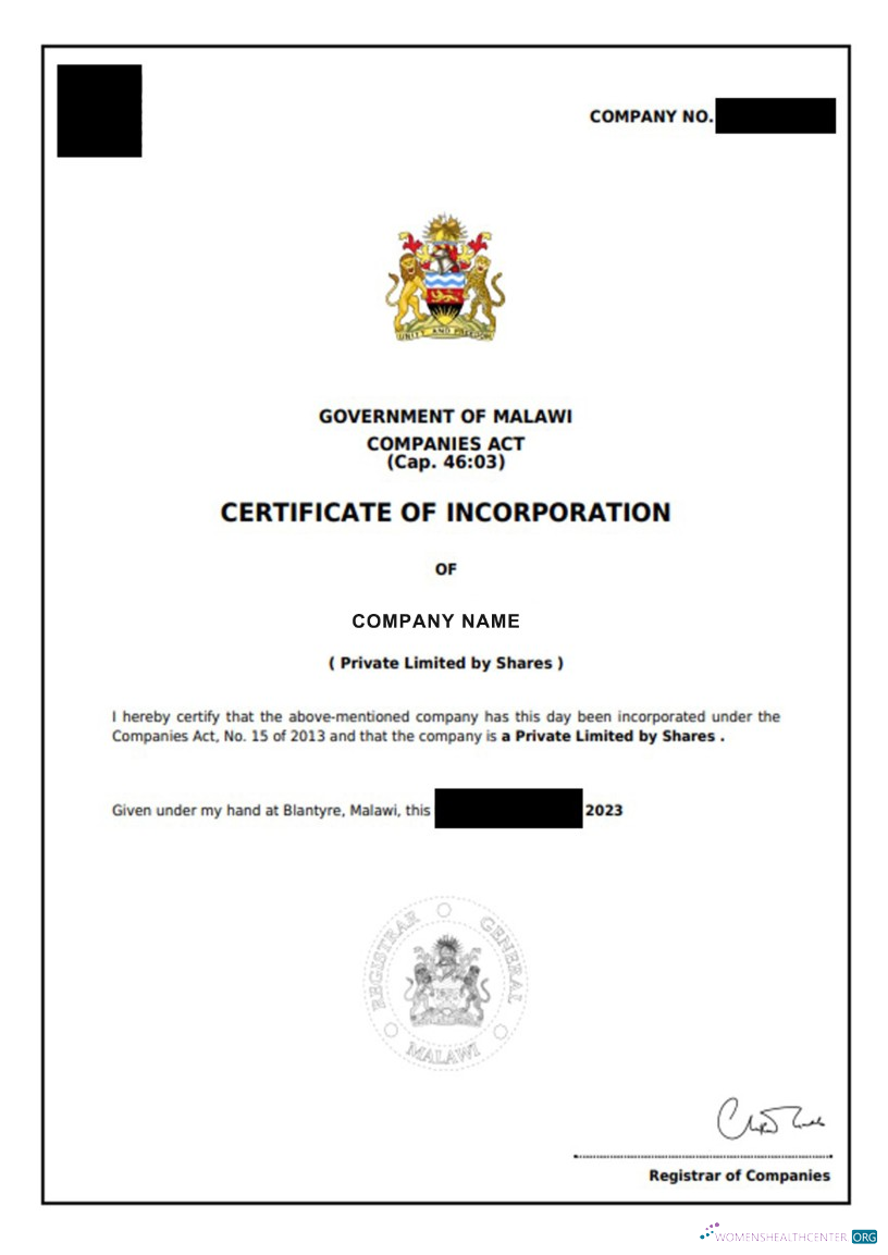 Download Malawi Certificate of Incorporation Photoshop template
